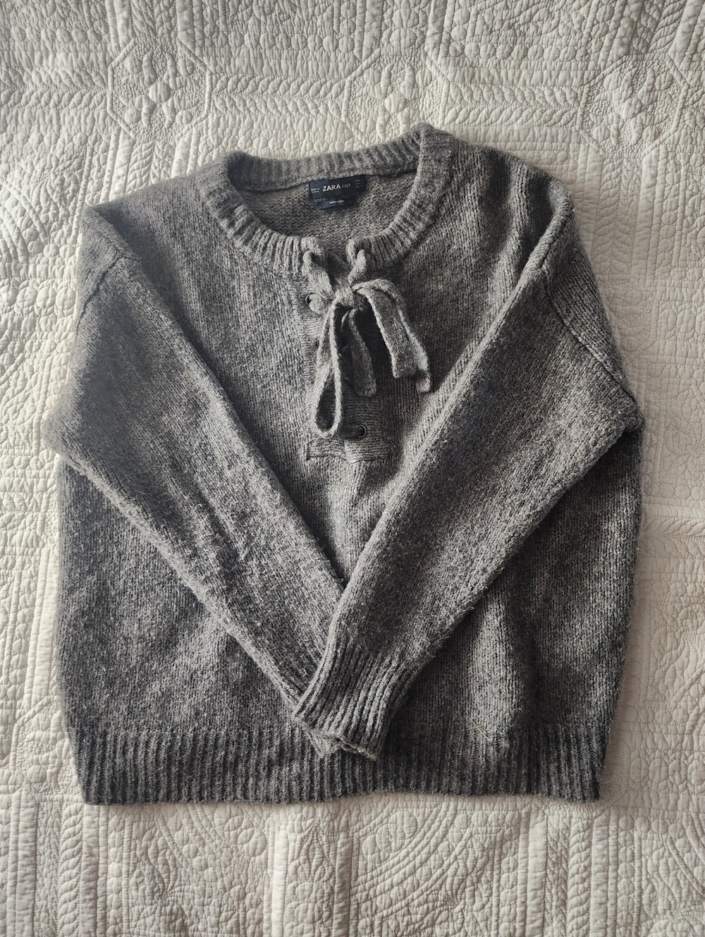 Zara Gray Tie-Front Crew Neck Sweater